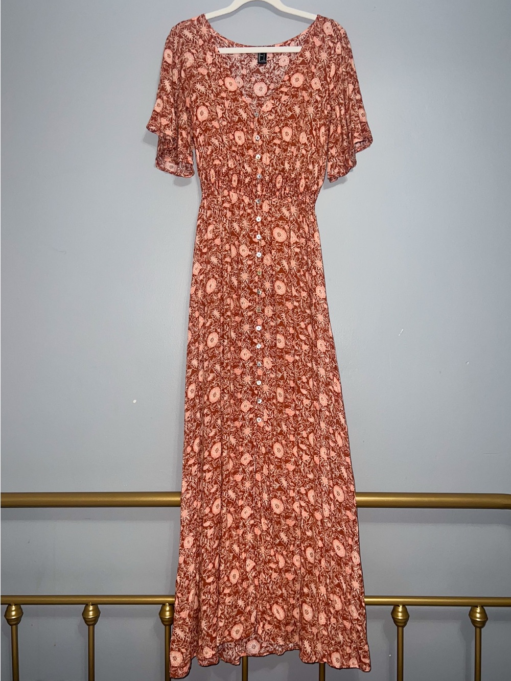 Forever 21 Boho Floral V-Neck Button-Front Maxi Dress, Size L - Picture 2 of 11